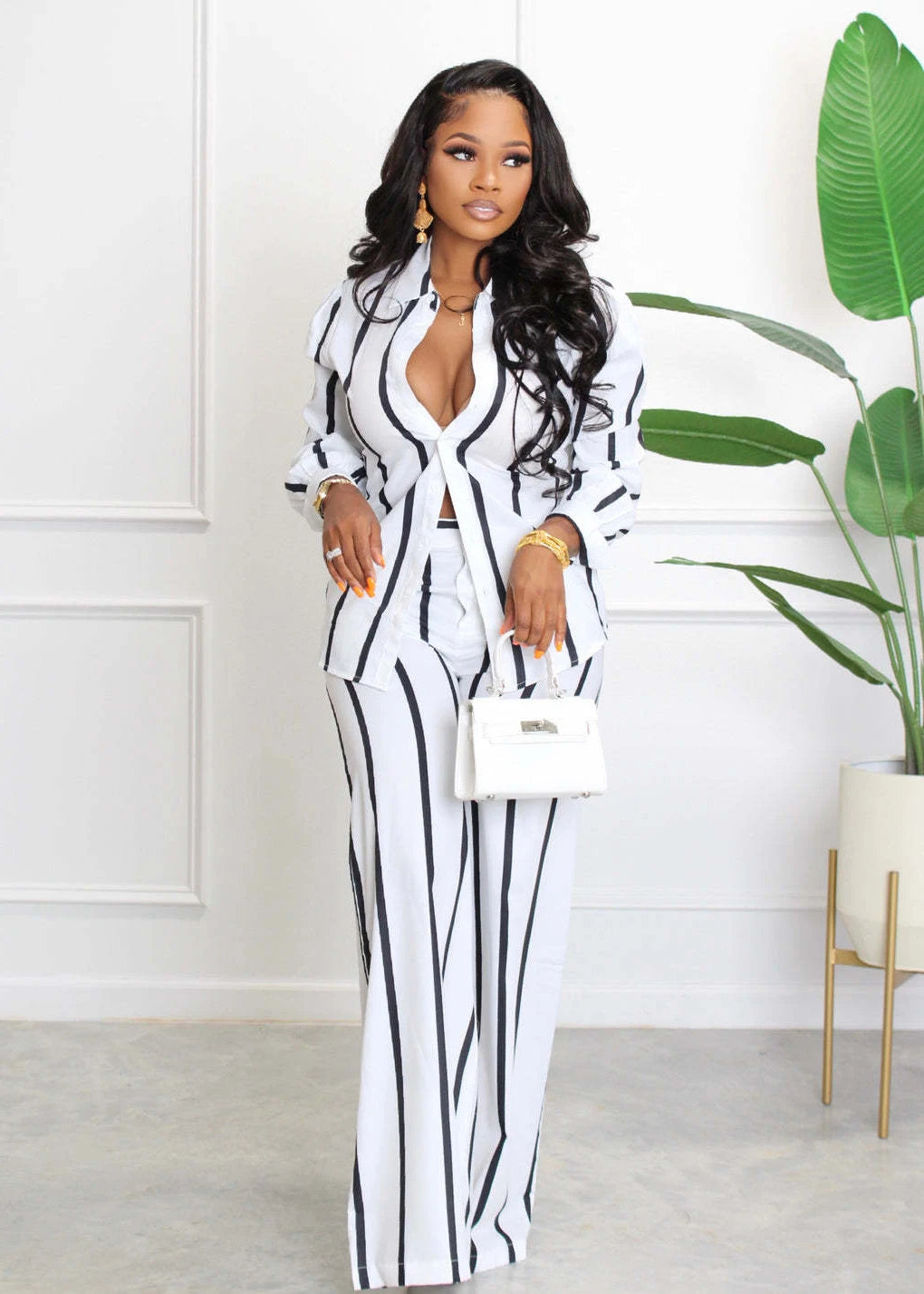 Striped Shirt, Long Sleeve, Loose-Fit Pants, Two-piece Suit Set