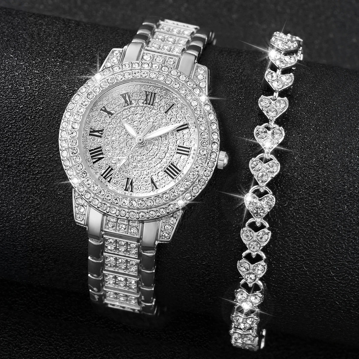 2pcs Women Stainless Steel Band Diamond  Watch and Bracelet Set