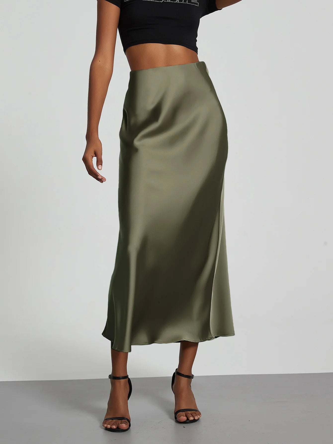 Elegant High Waist Long Satin Skirt