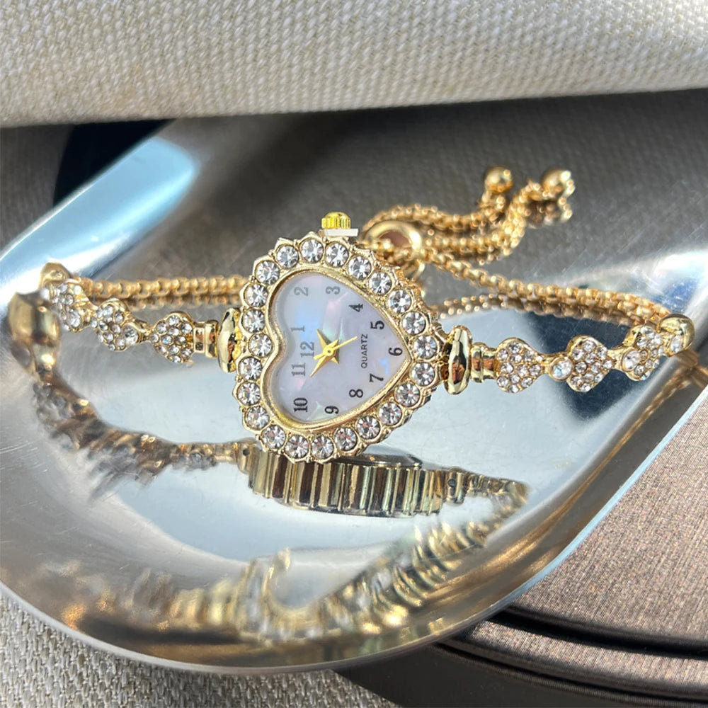 Heart-shaped  Diamond-Studded Flower Watch with Adjustable Bracelet