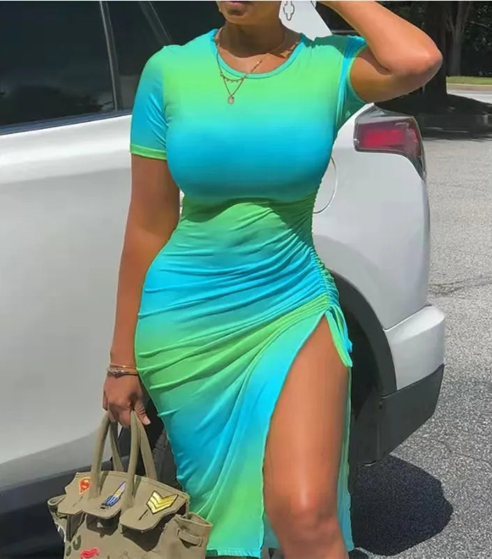Women Fashion Short Sleeves Drawstring Slit Dress