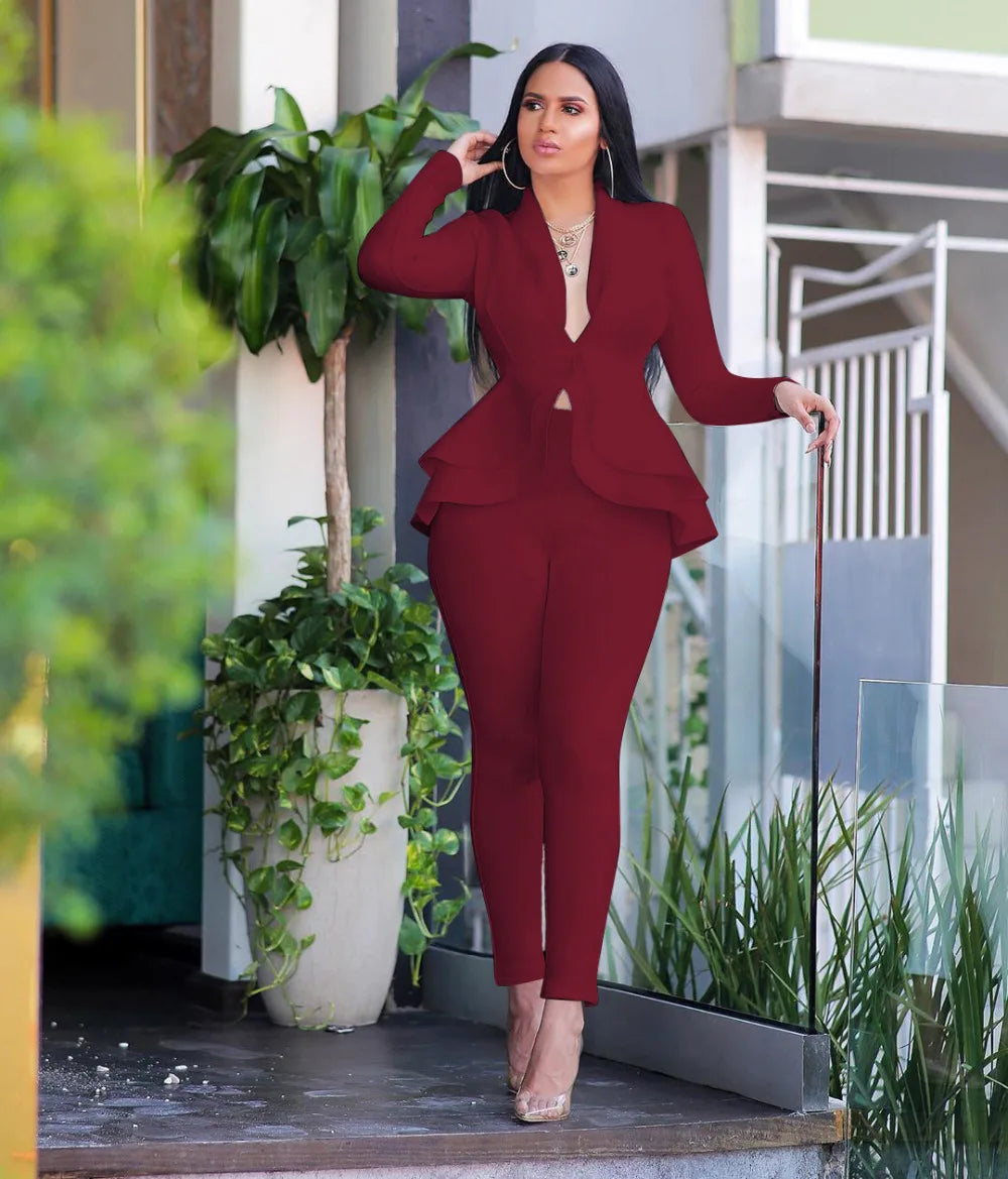 Full Sleeve Blazer Pencil Pants Two Piece Suit Set