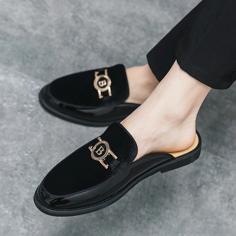 New Fashion Half Slippers Suede Patchwork Metal Buckle